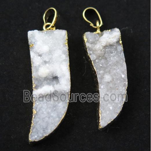 white druzy quartz pendant, horn, gold plated