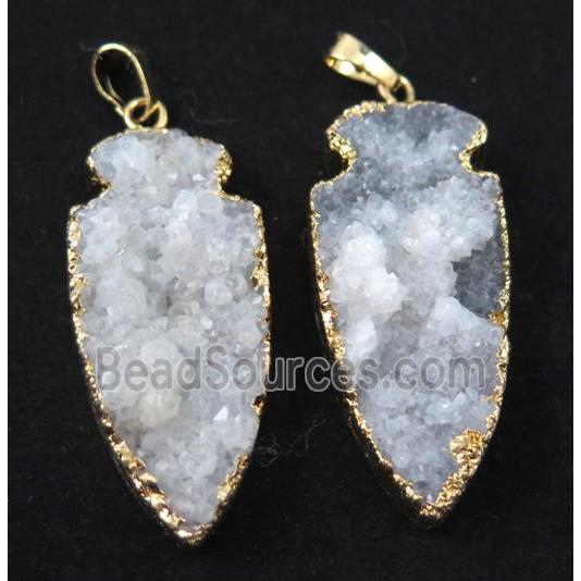 white druzy quartz pendant, arrowhead, gold plated