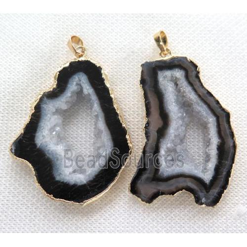 Black Agate Druzy Slice Pendant Freeform Gold Plated