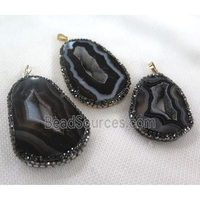 black agate druzy slice pendant paved foil, freeform