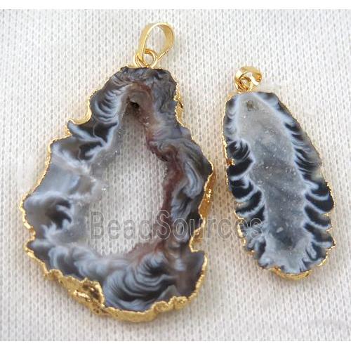 Agua Nueva Mexican Agate druzy slice pendant, freeform, gold plated