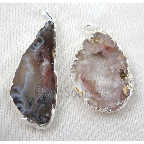 druzy Agate slice pendant, freeform, sliver plated