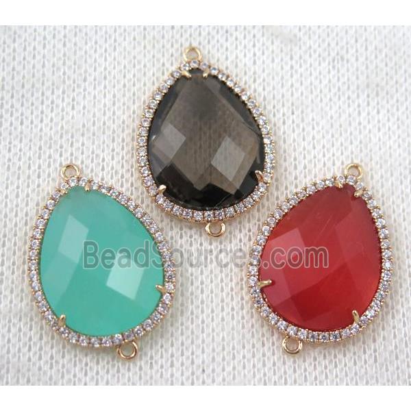 crystal glass teardrop connector paved zircon, mix color, gold plated