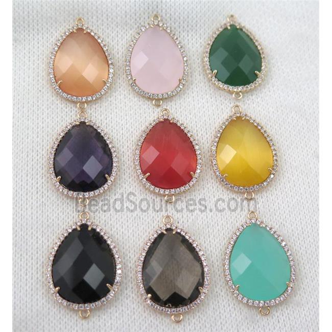 crystal glass teardrop connector paved zircon, mix color, gold plated