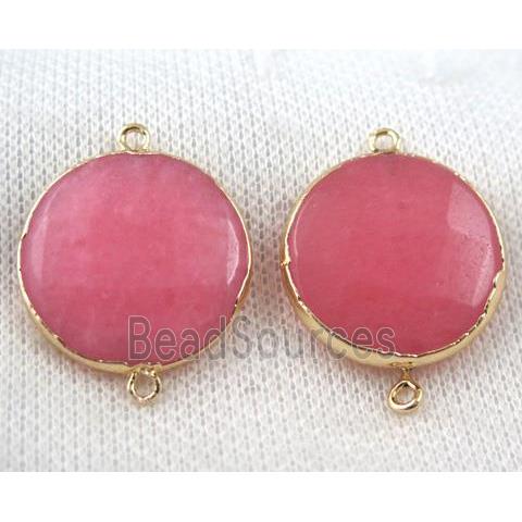 pink jade connector, faceted flat-round, gold plated