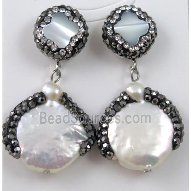 white pearl earring paved rhinestone with sterling silver stud