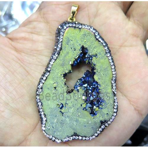 druzy agate slice pendant paved rhinestone, freeform, green electroplated