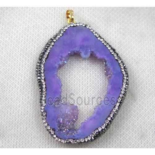 druzy agate slice pendant paved rhinestone, freeform, purple AB-color