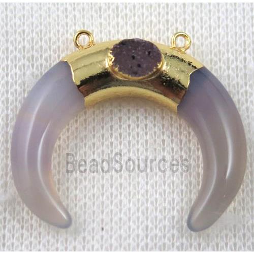 gray agate crescent horn pendant pave druzy with 2loops, gold plated