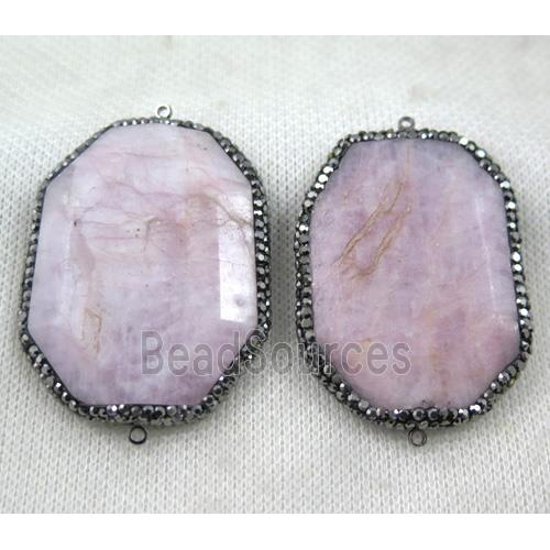 Kunzite slice connector paved rhinestone, faceted freeform, pink