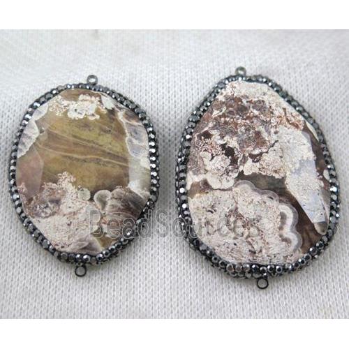 white ocean jasper slice connector paved rhinestone, faceted freeform