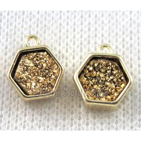 golden druzy quartz hexagon pendant, copper, gold plated