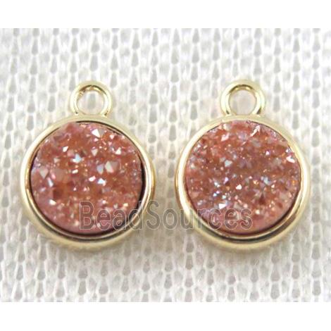 golden-champagne druzy quartz pendant, flat-round, copper, gold plated