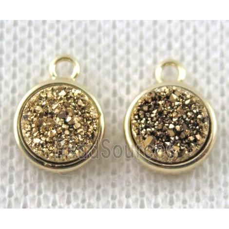 golden druzy quartz pendant, flat-round, copper, gold plated