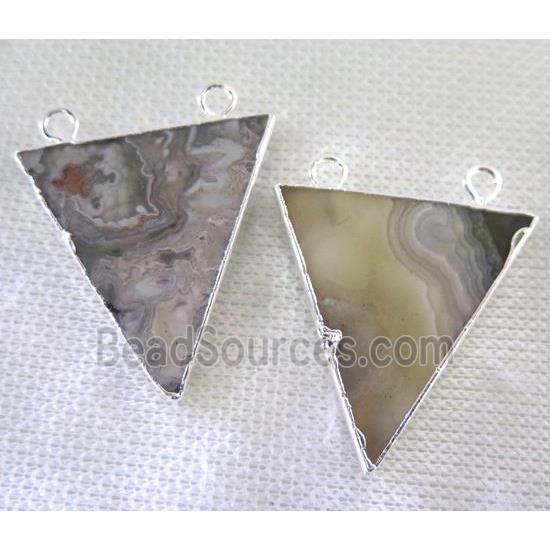 Mexico Crazy Lace Agate Triangle pendant with 2loops, silver plated