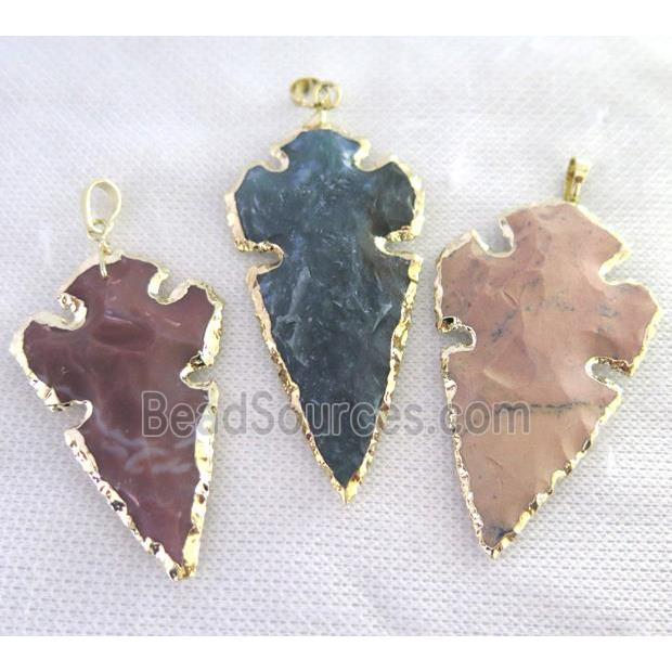 hammered Rock Agate arrowhead pendant, natural color, gold plated