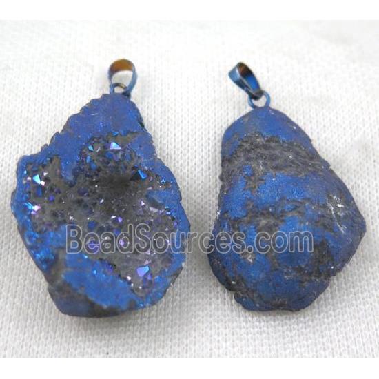 agate geode druzy pendant, freeform, blue electroplated