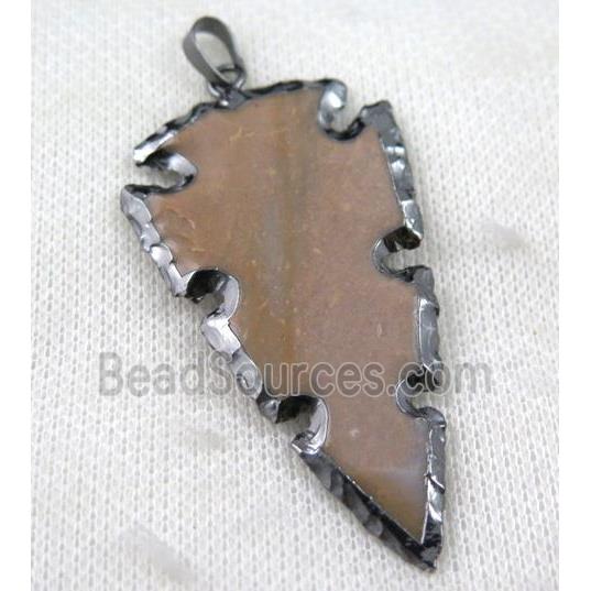 Rock Agate arrowhead pendant, natural color, black plated