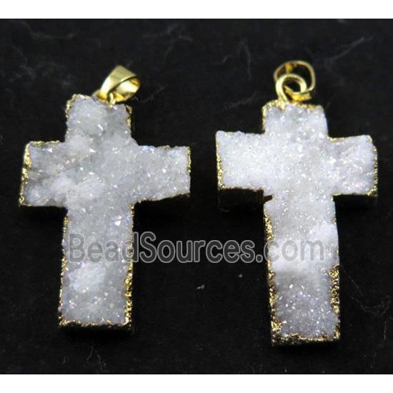 druzy quartz pendant, cross, white AB color, gold plated