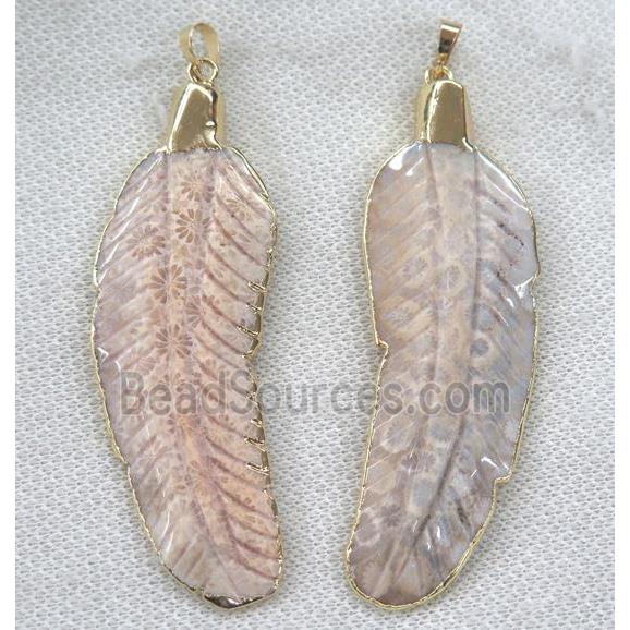 coral fossil pendant, leaf, gold plated