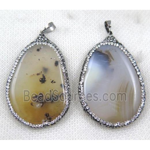 Heihua Agate pendant paved rhinestone, freeform