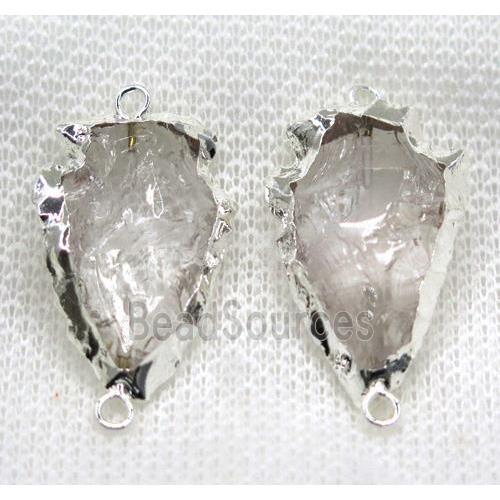 hammered Clear Quartz arrowhead connector, silver plated