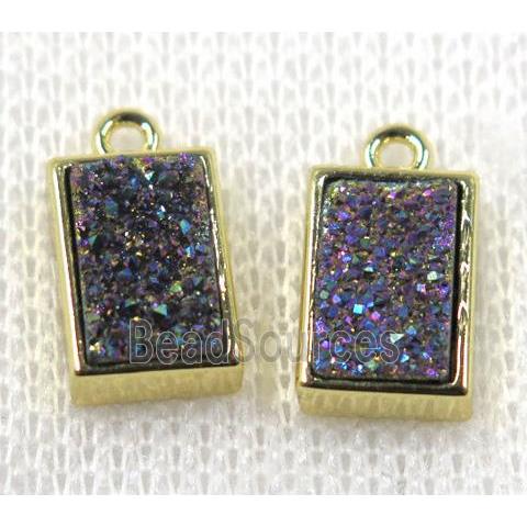 rainbow Druzy Quartz pendant, rectangle, gold plated