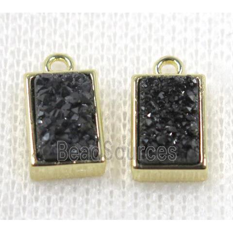 black Druzy Quartz pendant, rectangle, gold plated