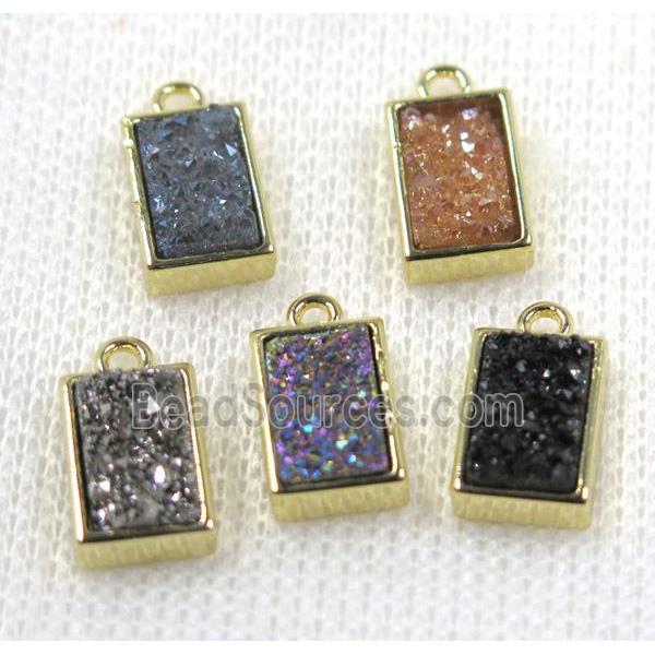 Quartz Druzy pendant, mix color, rectangle, gold plated