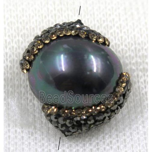 rainbow pearl shell bead paved rhinestone, flat round