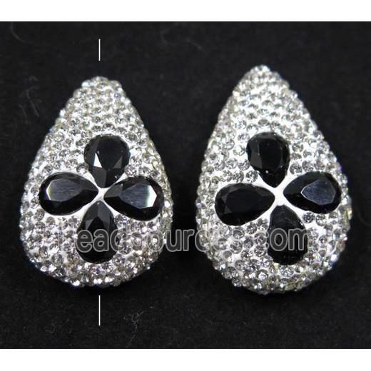 black crystal glass beads pave white rhinestone, teardrop