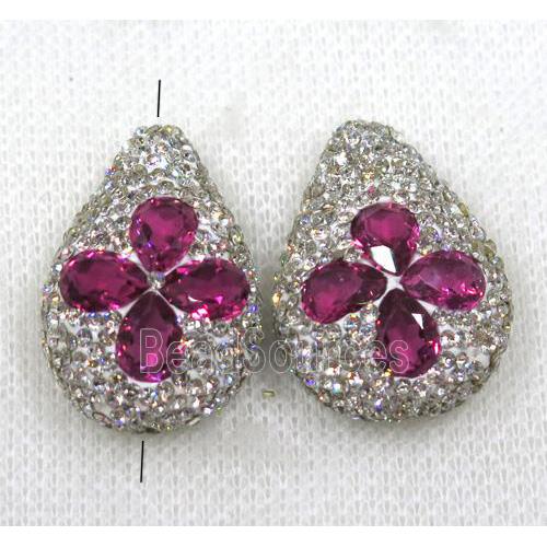 hotpink crystal glass bead paved white rhinestone, teardrop