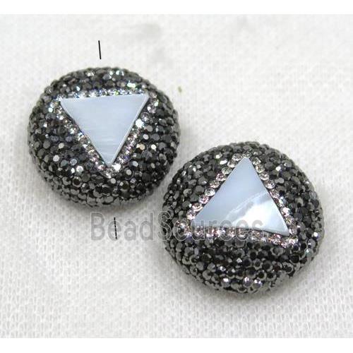 white shell beads paved black rhinestone, flat round