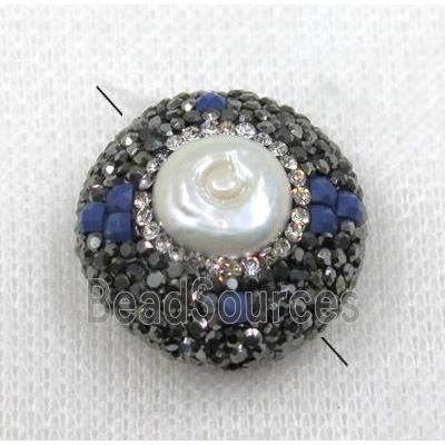 white pearl bead paved black rhinestone, flat round