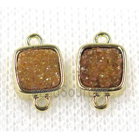 gold champagne druzy quartz connector, square, gold plated