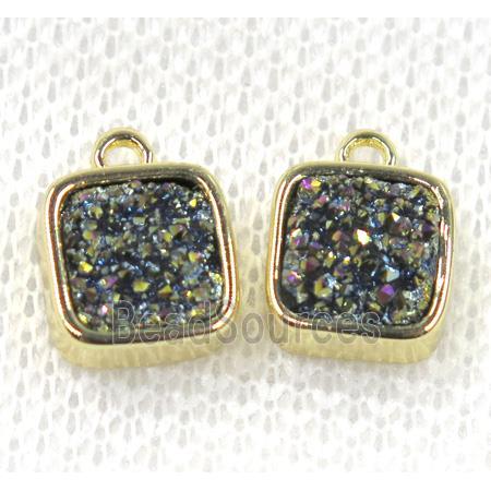 rainbow druzy quartz pendant, square, gold plated