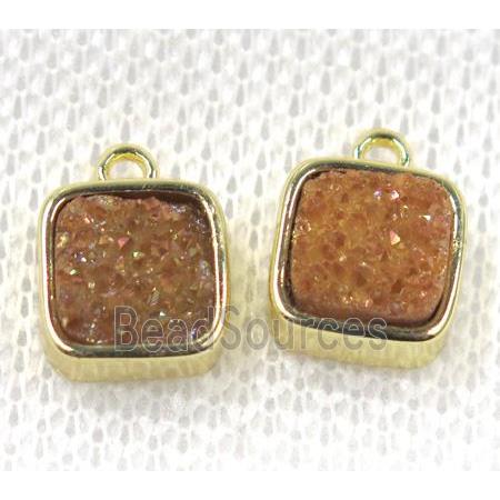 gold champagne druzy quartz pendant, square, gold plated