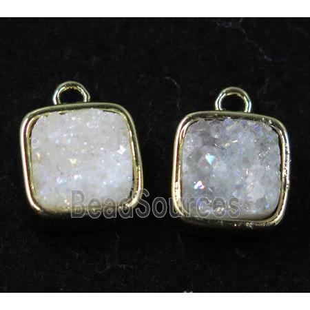 druzy quartz pendant, white ab color, square, gold plated