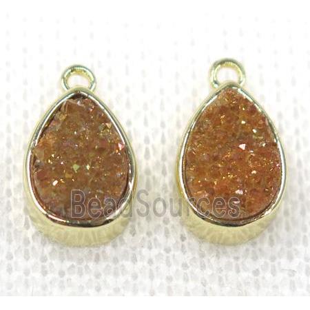 gold champagne druzy quartz teardrop pendant, gold plated