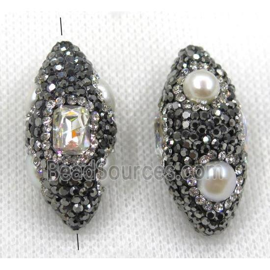 white pearl beads paved black rhinestone, rice