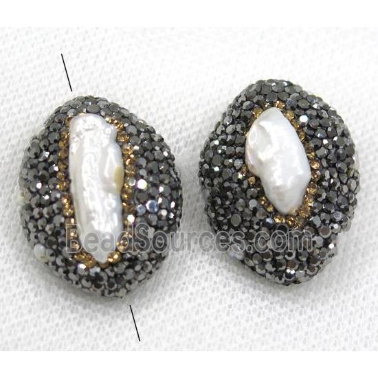 white pearl beads paved black rhinestone, oval