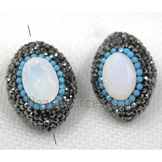 white crystal glass opalite bead paved black rhinestone, oval