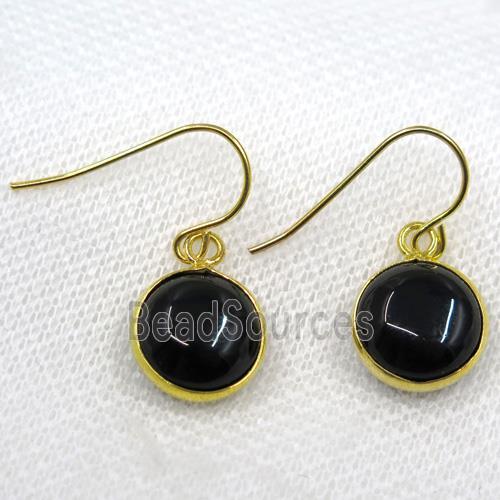 black agate earring, flat round, gold plated