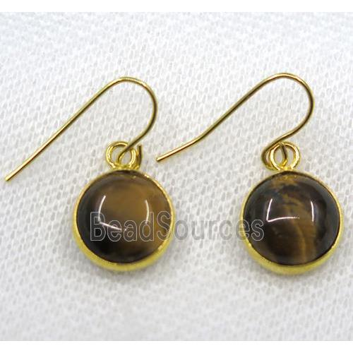 yellow Tiger eye stone earring, flat round, gold plated