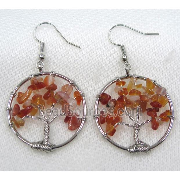 red carnelian agate earring, tree of life, platinum