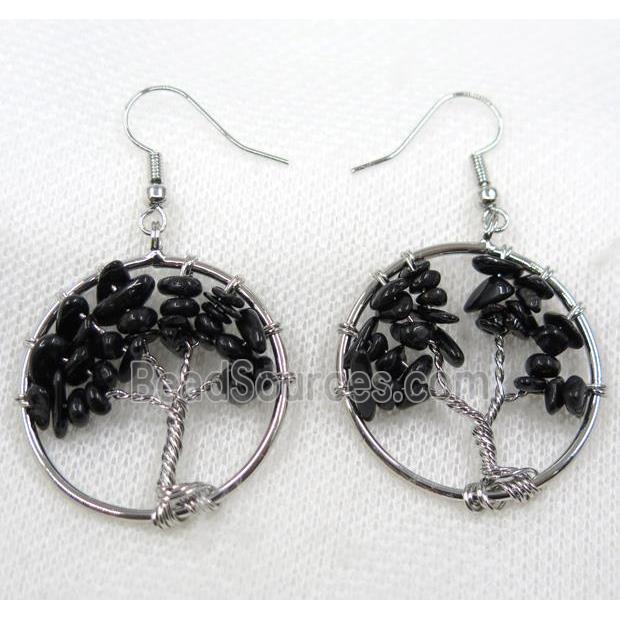 tree of life earring with black agate chip bead, platinum