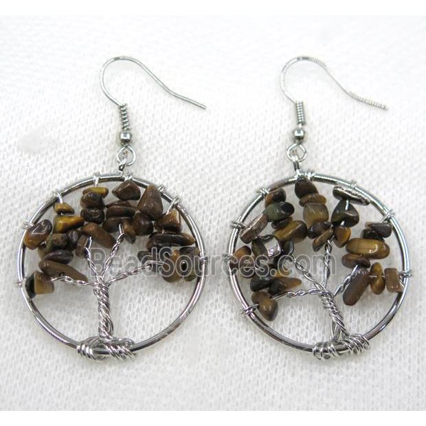 tree of life earring with yellow tiger eye stone chip, platinum