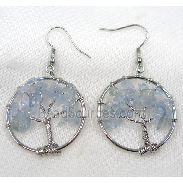 tree of life earring with blue aquamarine bead chips, platinum