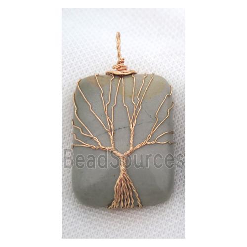 Ocean Agate Rectangle Pendant Tree Of Life Wire Wrapped Rose Gold