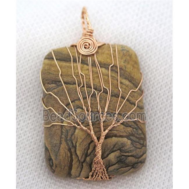 Picture Jasper Rectangle Pendant Tree Of Life Wire Wrapped Rose Gold